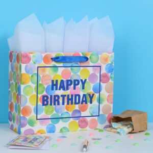 13" Large Colorful Gift Bag Set with Greeting Card and Tissue Papers (Dots and Happy Birthday) for Women's or Men's Birthday Party, Girls', Boys' or Kids' Birthday Parties, Baby Shower, Baby Girl or Boy -13”x5.2”x10.2”,1 Pcs.