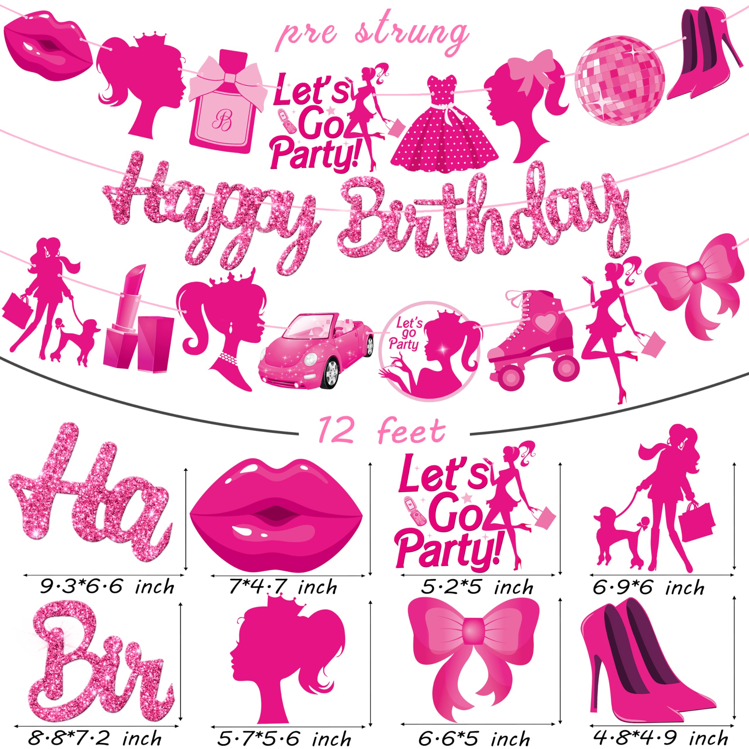 Hot Pink Girl Happy Birthday Banners Glitter Pink Birthday Party Decorations for Girls Hot Pink Princess Ladies Party Decorations for Bachelorette Bridal Shower Party Supplies