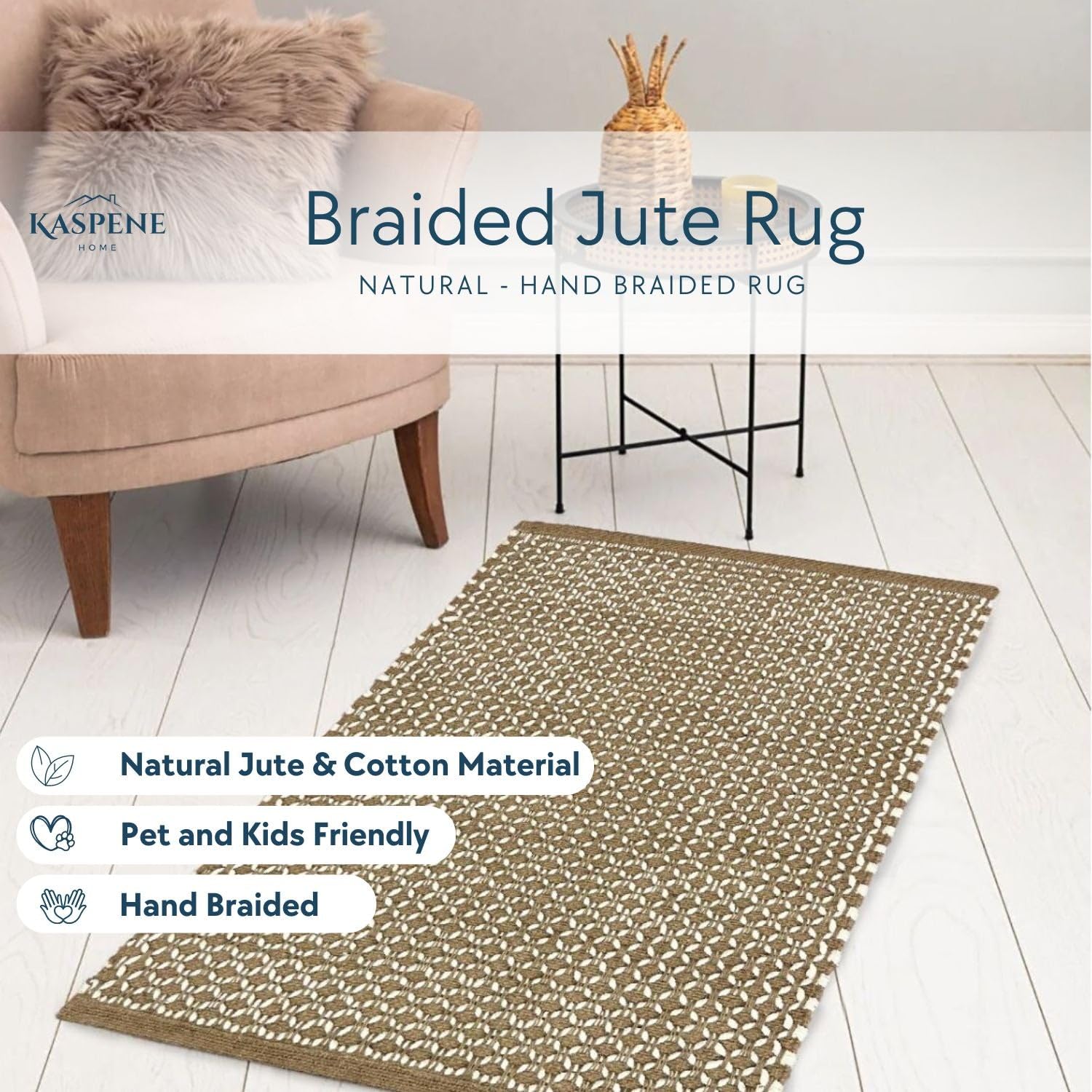 Kaspene Home, Braided Natural Jute Rug, Handmade with Braided Weave, Durable, Ideal for Entryway, Living Room, and Kitchens - Boho, Farmhouse, Pet and Kid Friendly 4'x6'