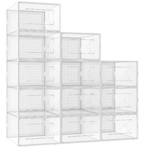 kuject x-large shoe storage box fit size 11,clear plastic stackable shoe organizer for closet, space saving stackable sneaker shoe boxes rack container bin holders case, 12 pack clear