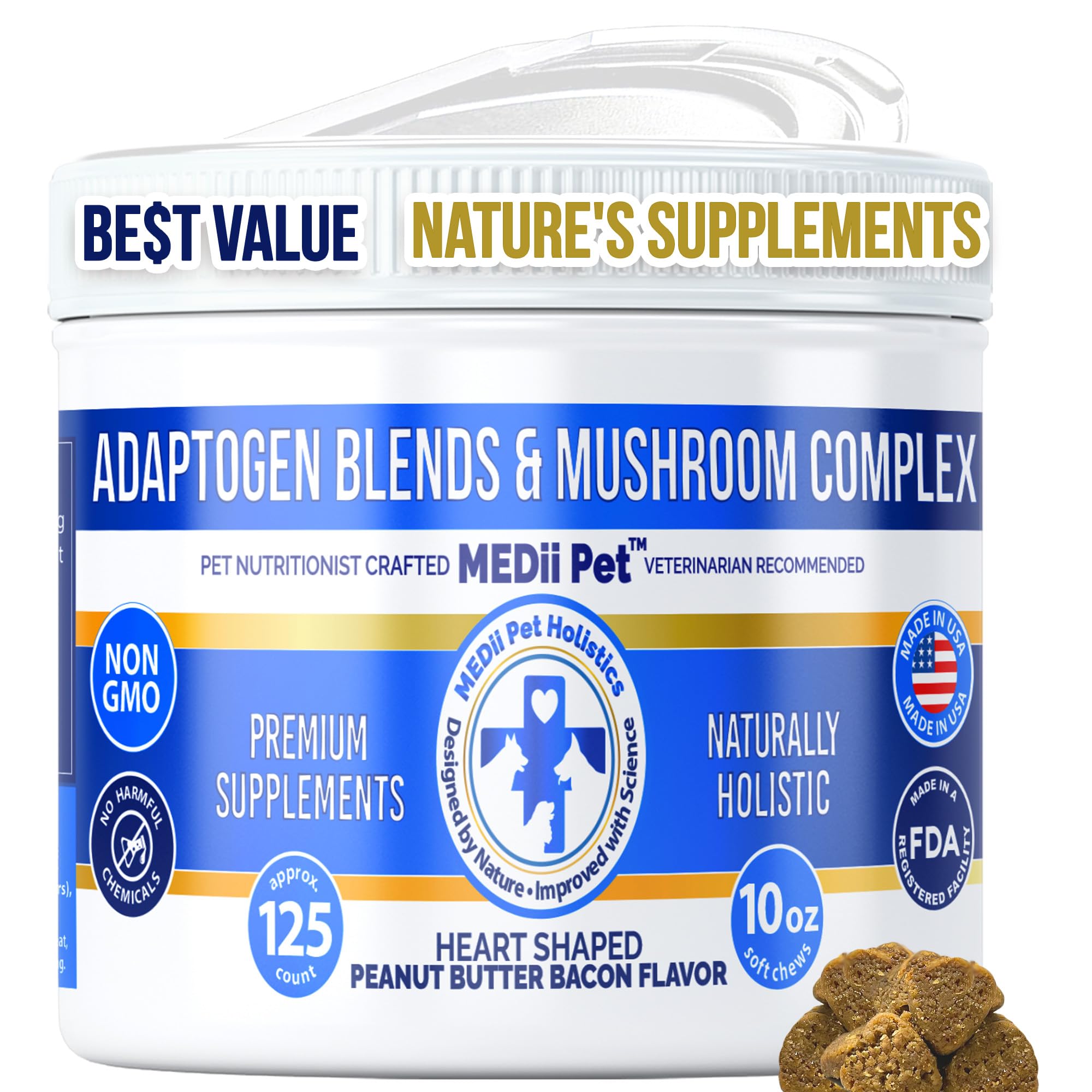 MEDii Pet Mushrooms for Dogs. 7 Types of Dog Mushrooms: Immunity, GI Health, Joints. Metabolism Booster. Can Improve Dog Health Holisitically - 125 Mini Hearts. Natural nutrients for All Dogs.