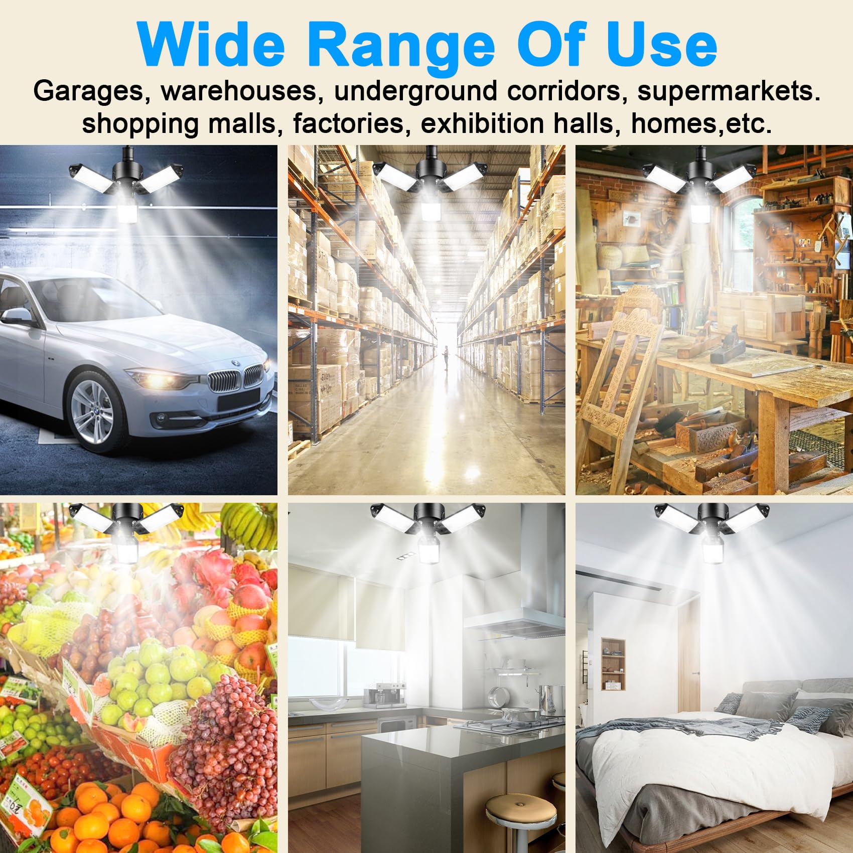 Kofarrten LED Garage Lights, 80W LED Garage Lights, Super Bright 8000LM 6500K Deformable LED Garage Ceiling Lights Shop Lights for Garage, Workshop, Basement，Warehouse (1Pack)