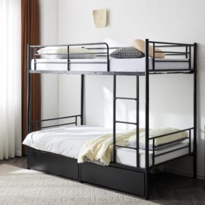 karl home black bunk bed twin over twin with 2 storage drawers, metal bunk bed with built-in ladder and safety guardrail, space-saving twin bunk beds for kids, teens & adults, no box spring needed