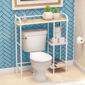 home zone living over the toilet bathroom storage organizer with slim shelving for your restroom, kitchen, or living room, white bamboo accent shelf