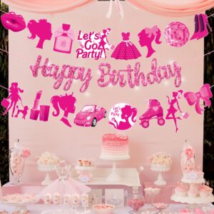 Hot Pink Girl Happy Birthday Banners Glitter Pink Birthday Party Decorations for Girls Hot Pink Princess Ladies Party Decorations for Bachelorette Bridal Shower Party Supplies