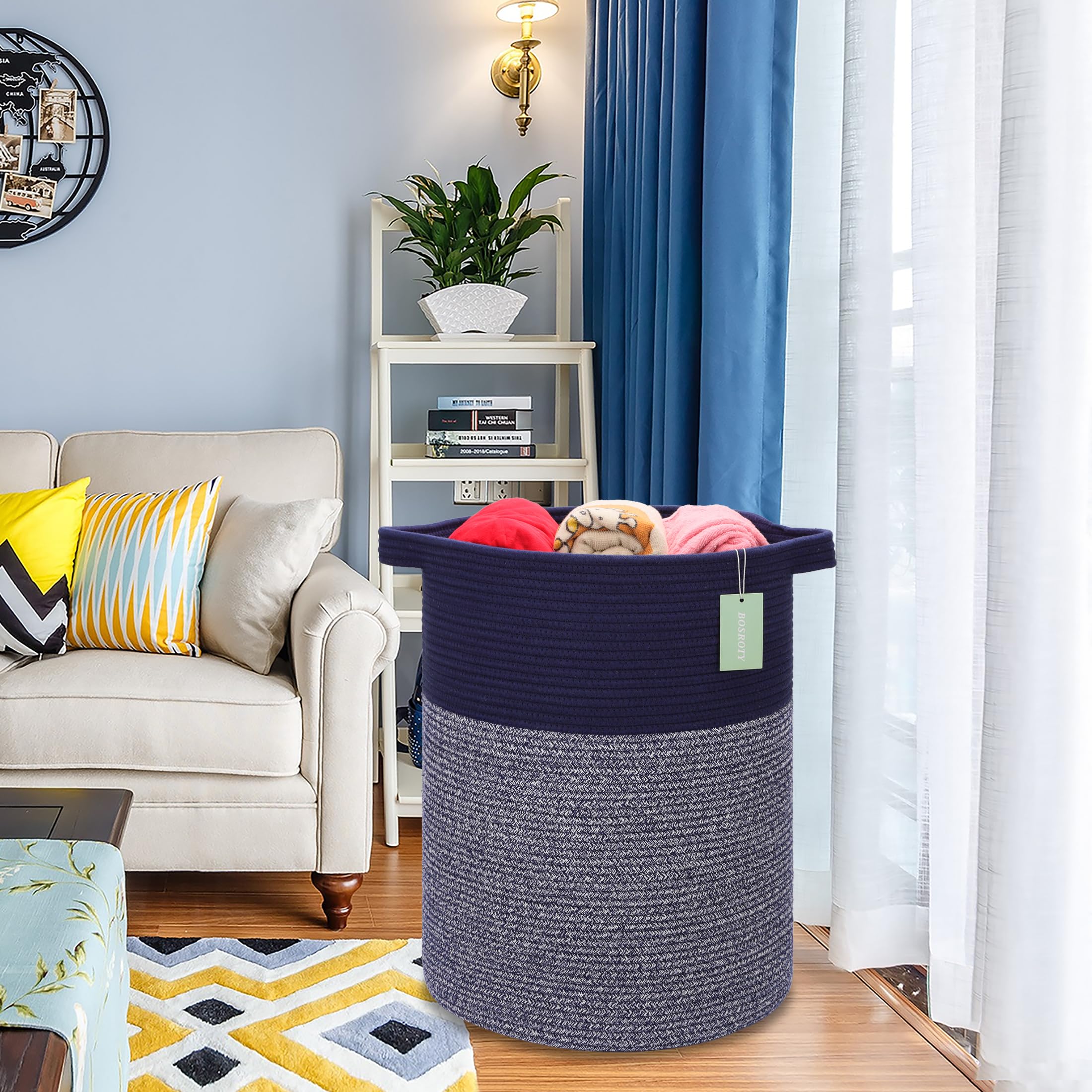 BOSROTY Large Laundry Hamper Basket for Clothes 72L, Nursery Hamper, Blanket Basket, Clothes Basket Laundry, Tall Laundry Basket for Blanket Towels, Woven Basket, Toy Basket, 16”x 22”, Navy Blue