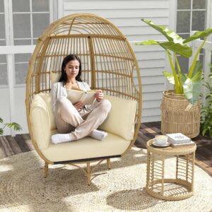 DWVO Outdoor Rotating Egg Chair, Patio Swivel Chair Oversized, 370lb Capacity, Anti-Slip, All-Weather Wicker Egg Lounger Chair for Indoor, Outside (Beige)