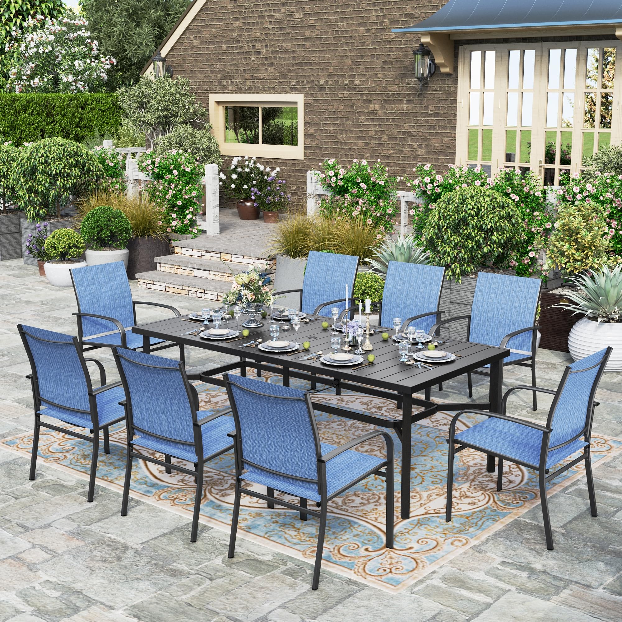 HERA'S HOUSE 9 Pieces Patio Dining Set, 8 x Textilene Patio Chairs and 1 x 83 Large Rectangle Dining Table, Outdoor Furniture Set for Deck Garden Backyard Lawn Poolside