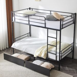 Karl home Black Bunk Bed Twin Over Twin with 2 Storage Drawers, Metal Bunk Bed with Built-in Ladder and Safety Guardrail, Space-Saving Twin Bunk Beds for Kids, Teens & Adults, No Box Spring Needed