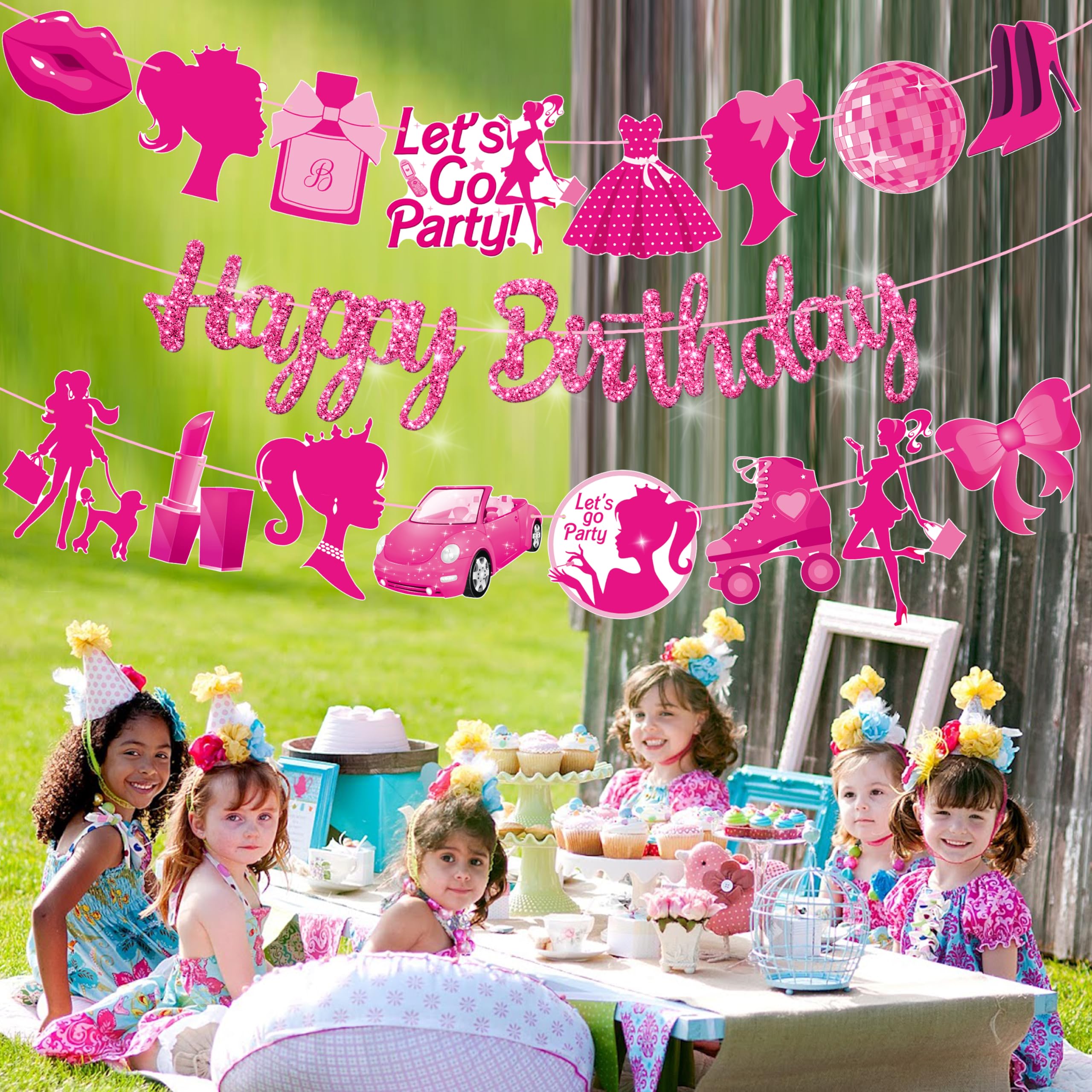 Hot Pink Girl Happy Birthday Banners Glitter Pink Birthday Party Decorations for Girls Hot Pink Princess Ladies Party Decorations for Bachelorette Bridal Shower Party Supplies