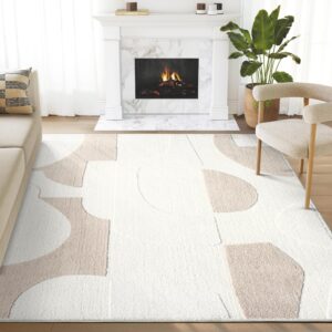 abani cozy cream area rug for living room, bedroom - asymmetric circle pattern - 8' x 10' - durable & easy to clean