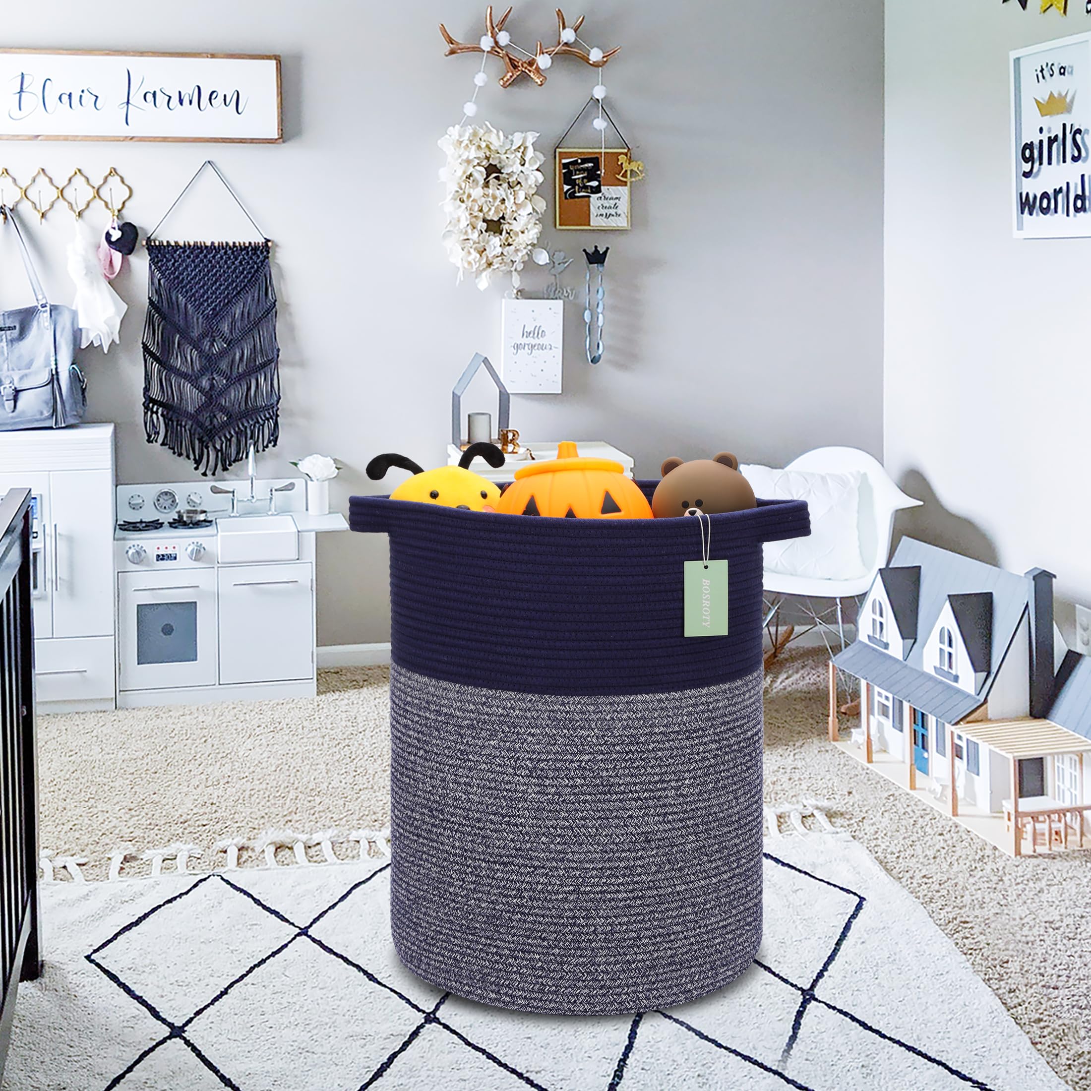 BOSROTY Large Laundry Hamper Basket for Clothes 72L, Nursery Hamper, Blanket Basket, Clothes Basket Laundry, Tall Laundry Basket for Blanket Towels, Woven Basket, Toy Basket, 16”x 22”, Navy Blue