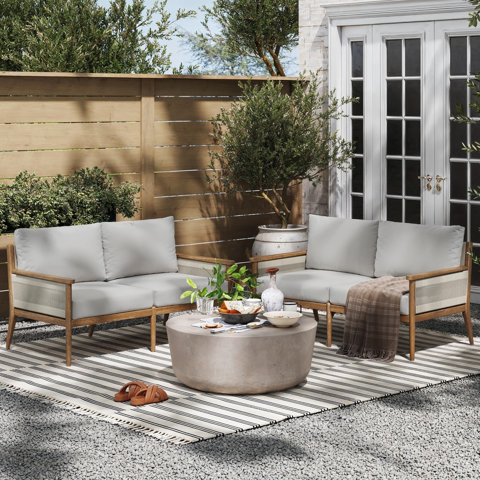 Nathan James Kayden Bohemian Wood Loveseat Sofa, Upholstered Outdoor Seating with Removable Cushion Covers, Solid Acacia Wood Frame, Light Brown