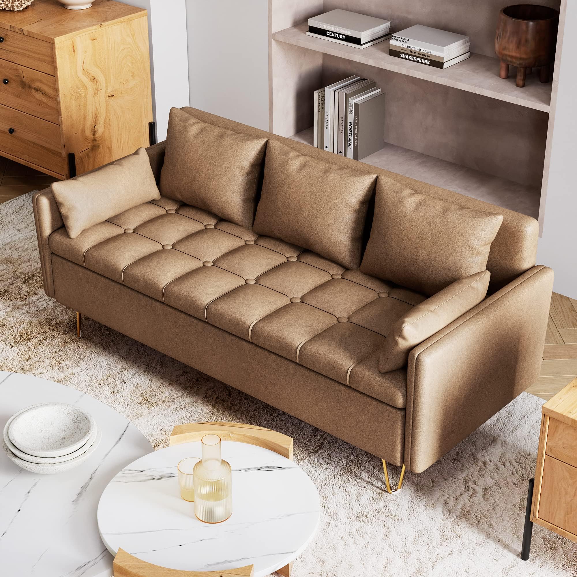 Couch, 3-Seat Faux Leather Sofa with Lift-Up Storage Box, Thick Foam Cushion with Button Tufted Design, and Gold Metal Leg, Couches for Living Room, Apartment, Office (Light Brown)