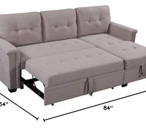 Acosure 84" Reversible Sectional Sofa with Two USB Charging Ports and Pocket,Pull-Out Sleeper Bed W/Storage & Tufted Seat,Easy to Install,for Apartment,Bedroom,(Light Gray)