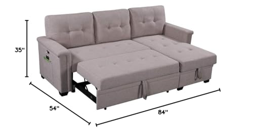 Acosure 84" Reversible Sectional Sofa with Two USB Charging Ports and Pocket,Pull-Out Sleeper Bed W/Storage & Tufted Seat,Easy to Install,for Apartment,Bedroom,(Light Gray)