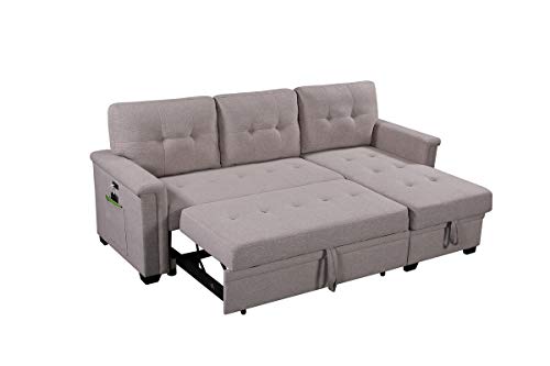 Acosure 84" Reversible Sectional Sofa with Two USB Charging Ports and Pocket,Pull-Out Sleeper Bed W/Storage & Tufted Seat,Easy to Install,for Apartment,Bedroom,(Light Gray)