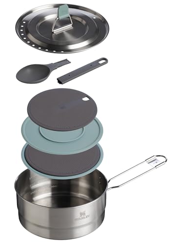 Stanley Wildfare Core Saucepan Cookset | 6-Pc Stainless Steel Cookware | 2qt Saucepan w/Lid, Cutting Board, Trivet & Spoons | Induction Cookware | Camping Essentials