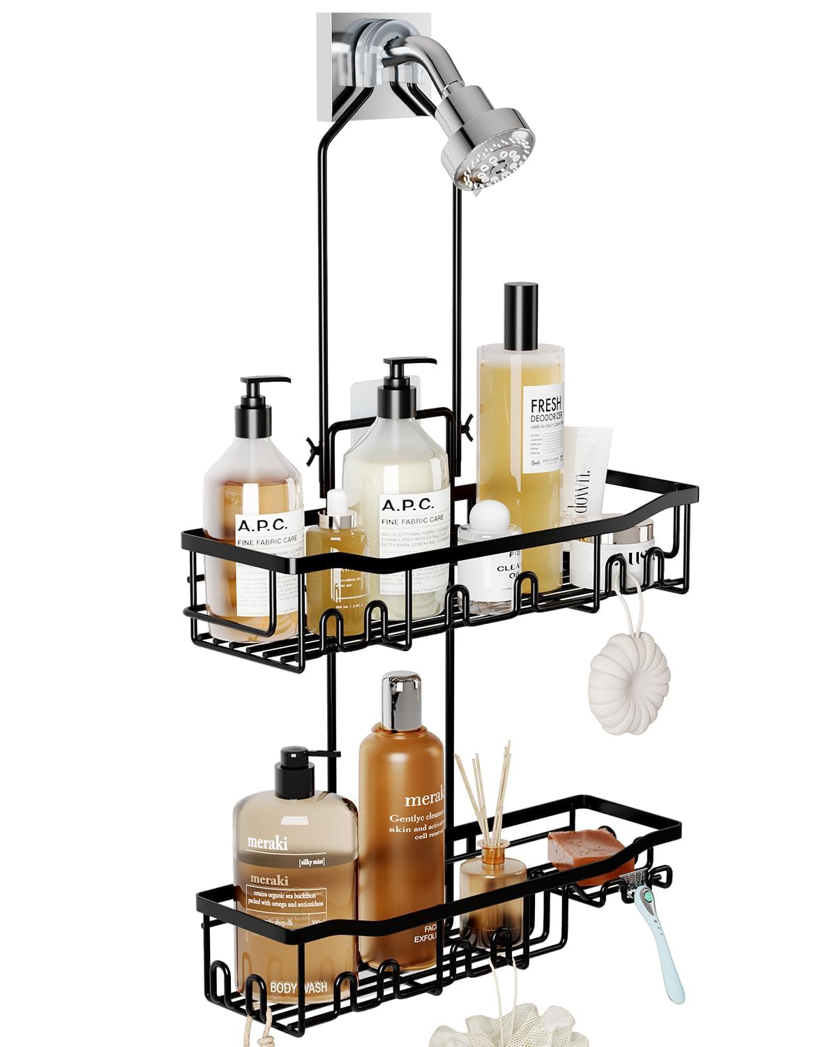 Skyapex Shower Caddy Hanging Shelf: Over Shower Head Adjustable Height Organizer for Tall Bottle No Blocking to Showerhead - Extra Long Rack for Bathroom