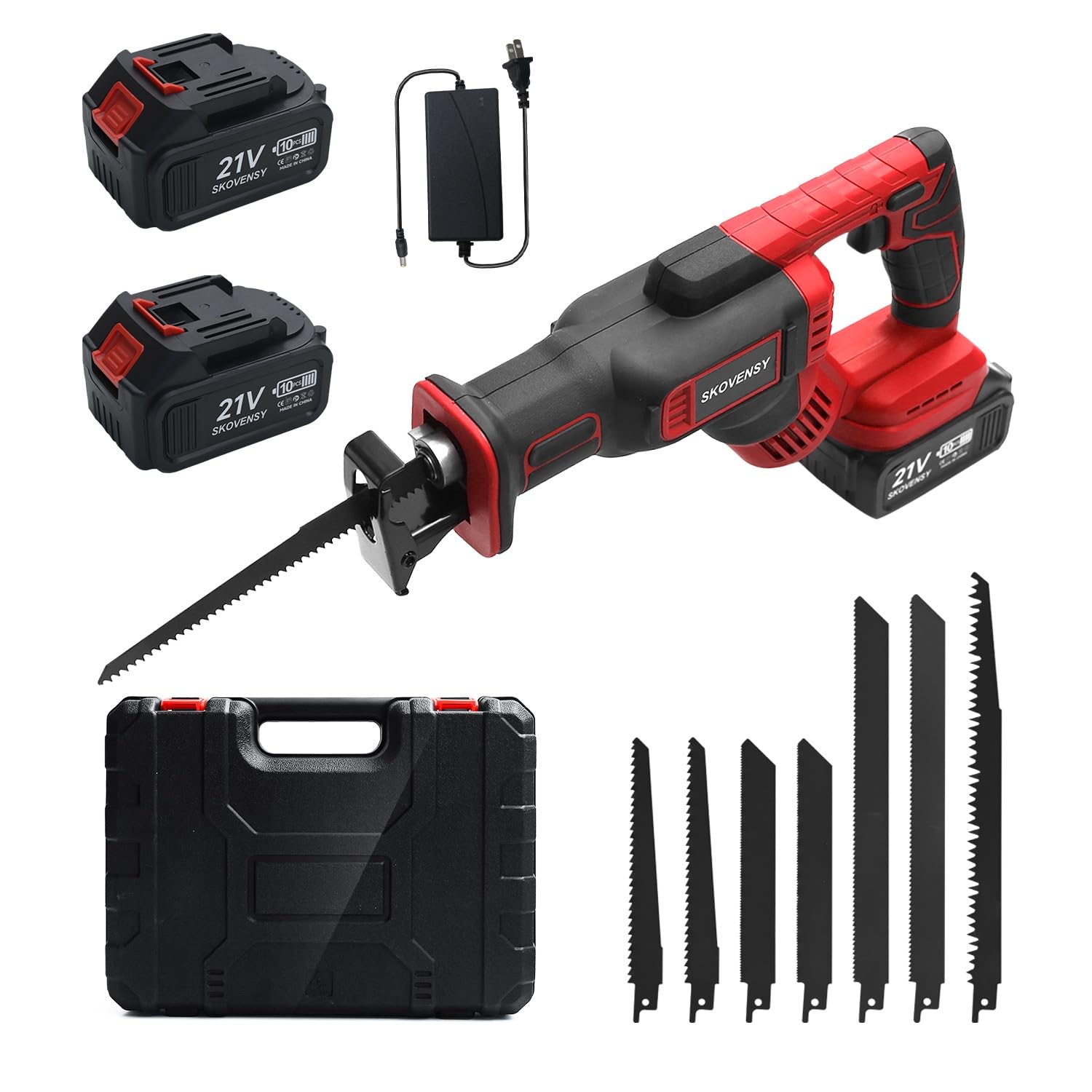 Cordless Reciprocating Saw, 2 x 4.0Ah Battery,Cordless Variable Speed, Saw Blades Kit for Wood/Metal/PVC Cutting RED