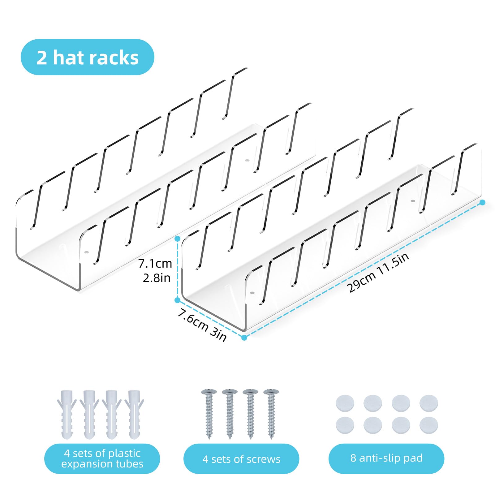 DONGYING Hat Organizer for Baseball Caps 2024 New Hat Rack, No Install Acrylic Hat Stand for 14 Baseball Caps for Bedroom, Closet, Wall and Dresser (2 Packs)