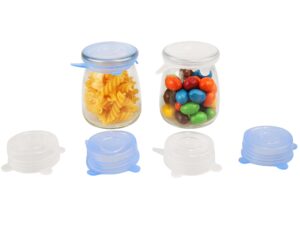 whisprwield extra small silicone stretch lids 2 inch 6pcs resuable jar cover fit 2 to 2.3 inch containers,bpa free, leakproof, microwave&freezer safe,blue clear, bwlid1