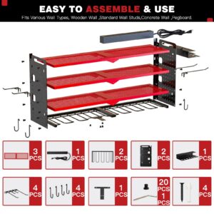 NattyDot Power Tool Organizer Wall Mount with Charging Station,Cordless Tool Organizer 8 Drill Holder, 4 Layer Storage Rack for Garage Organization,Tool Holder with 8 Outlet Power Strip (Red)