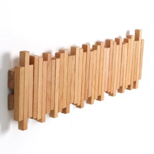 GOGREEBELL Natural Wood Wall Mounted Piano Coat Rack| Coat Rack Wall Mount| Flip Down Wall Hook Rack 7 Hooks| Entryway Wall Storage with Hooks,Made of Oak.Wall Art