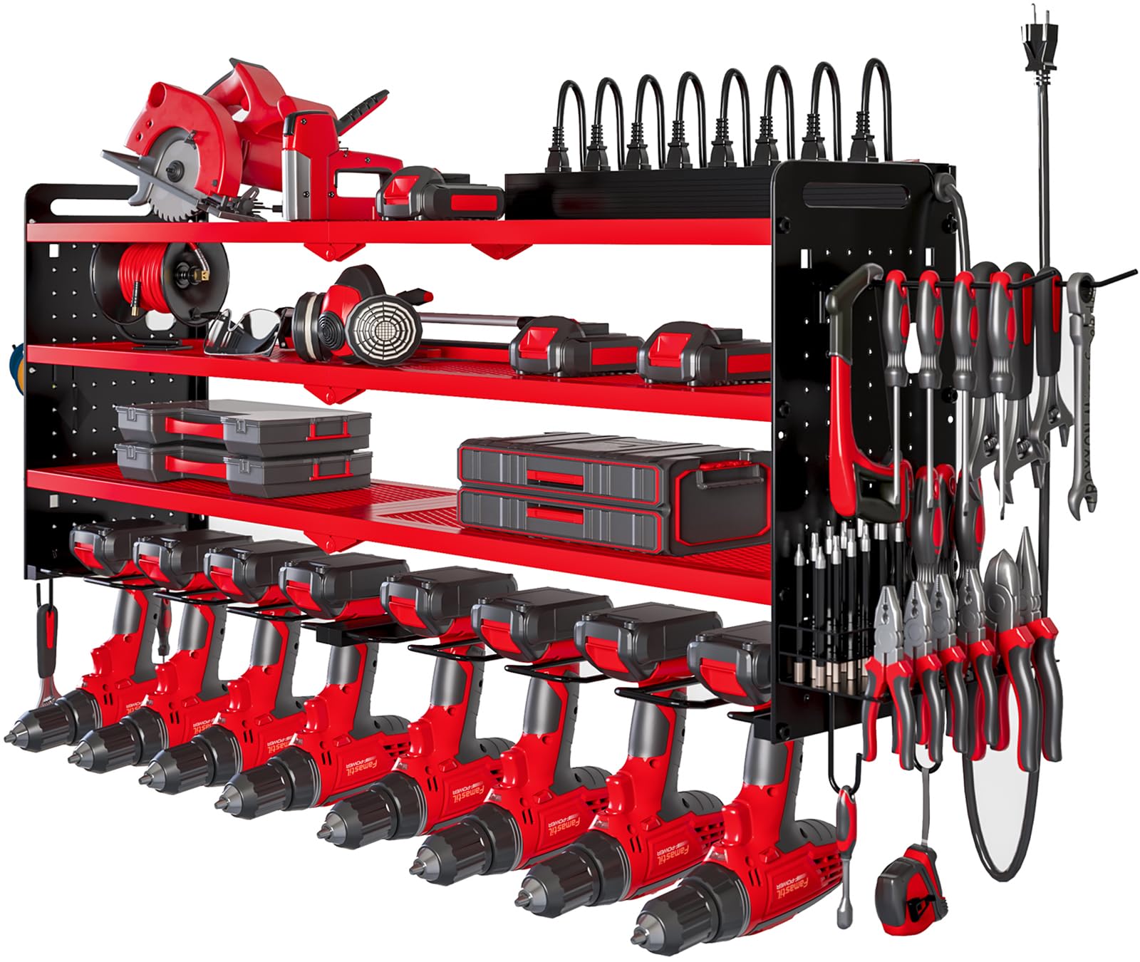 NattyDot Power Tool Organizer Wall Mount with Charging Station,Cordless Tool Organizer 8 Drill Holder, 4 Layer Storage Rack for Garage Organization,Tool Holder with 8 Outlet Power Strip (Red)