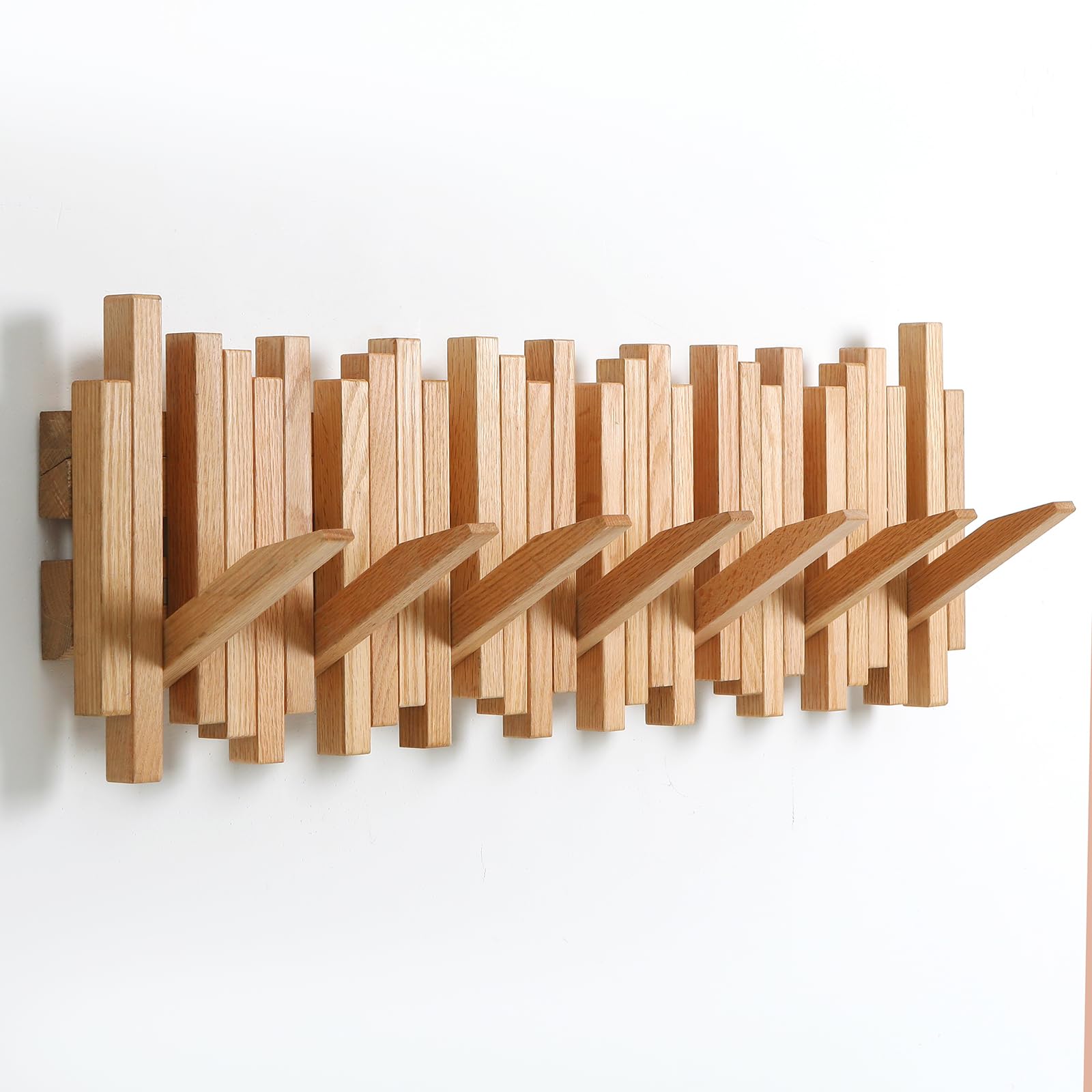 GOGREEBELL Natural Wood Wall Mounted Piano Coat Rack| Coat Rack Wall Mount| Flip Down Wall Hook Rack 7 Hooks| Entryway Wall Storage with Hooks,Made of Oak.Wall Art