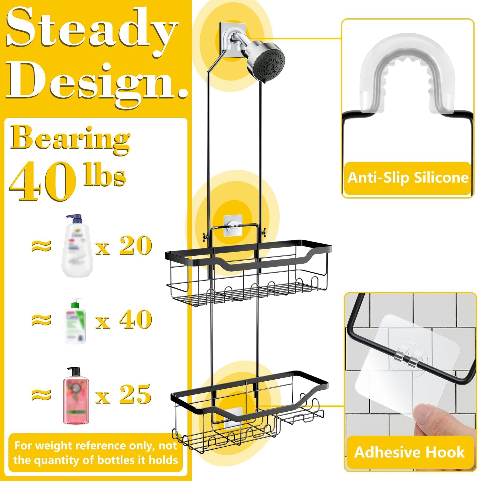 Skyapex Shower Caddy Hanging Shelf: Over Shower Head Adjustable Height Organizer for Tall Bottle No Blocking to Showerhead - Extra Long Rack for Bathroom