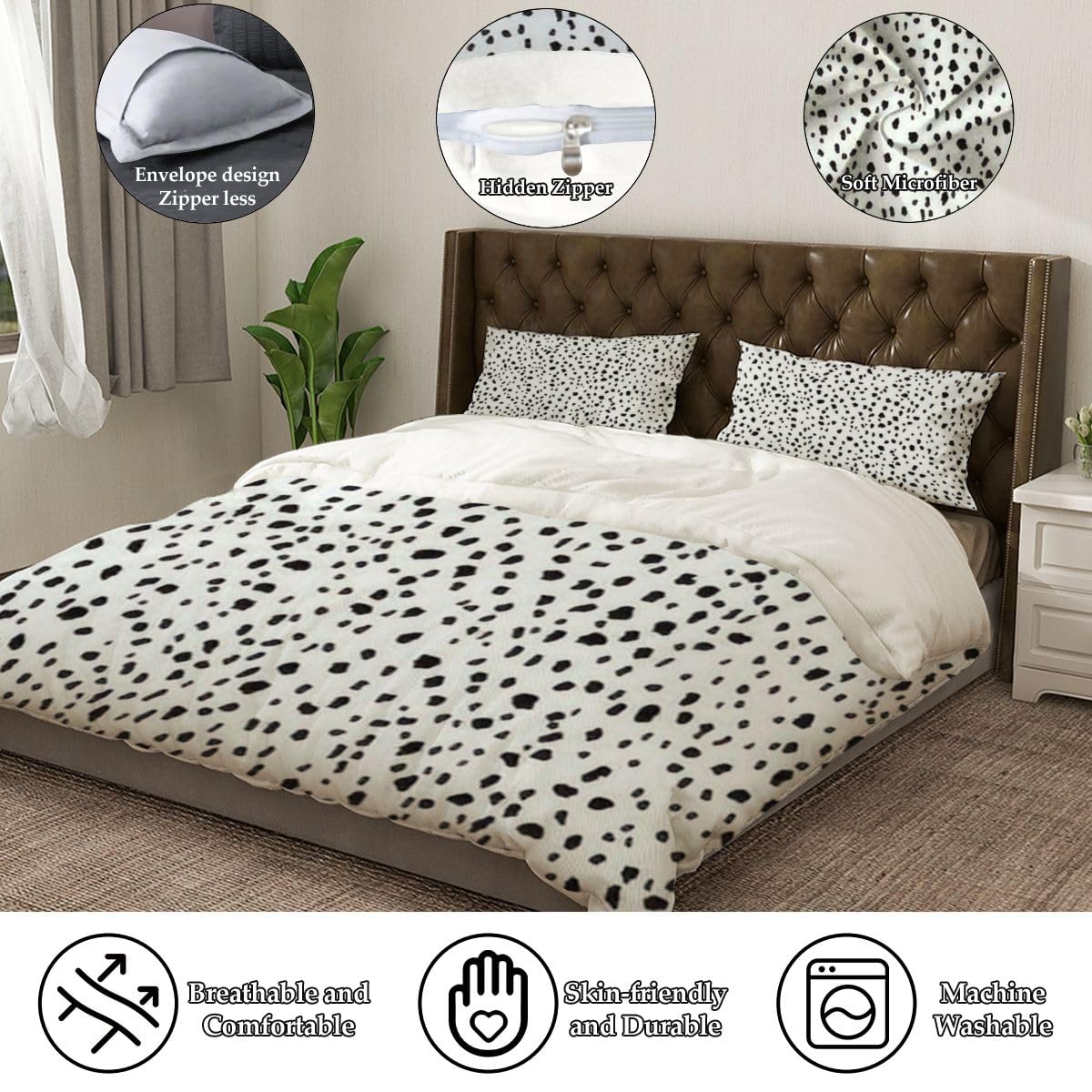 LKODZFABU Duvet Cover King Size Animal Print Seamless Irregular Ink Spots White Dalmatian Comforter Duvet Cover Set with Zipper Soft & Breathable Bedding Sets for Kids Adults Home Decor