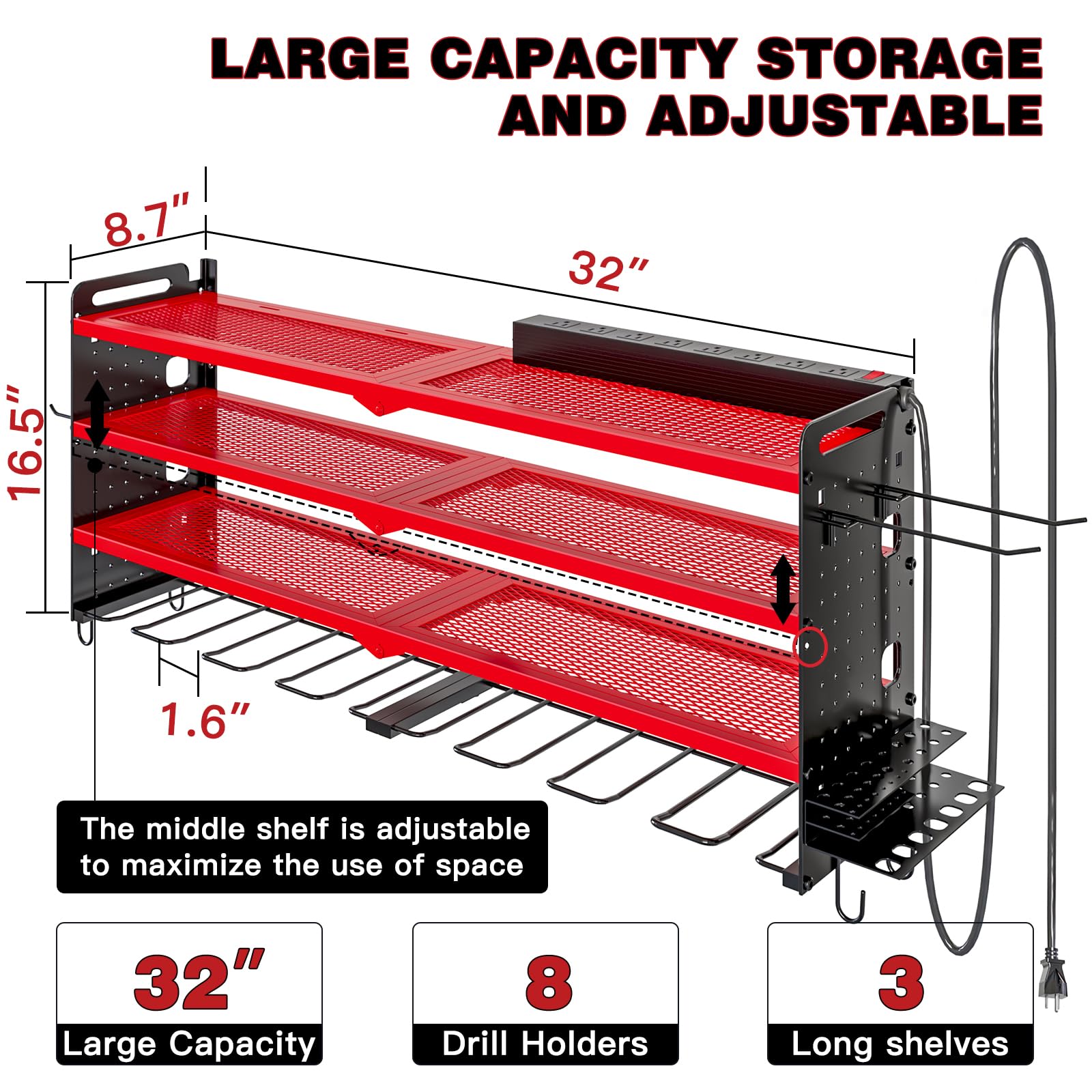 NattyDot Power Tool Organizer Wall Mount with Charging Station,Cordless Tool Organizer 8 Drill Holder, 4 Layer Storage Rack for Garage Organization,Tool Holder with 8 Outlet Power Strip (Red)