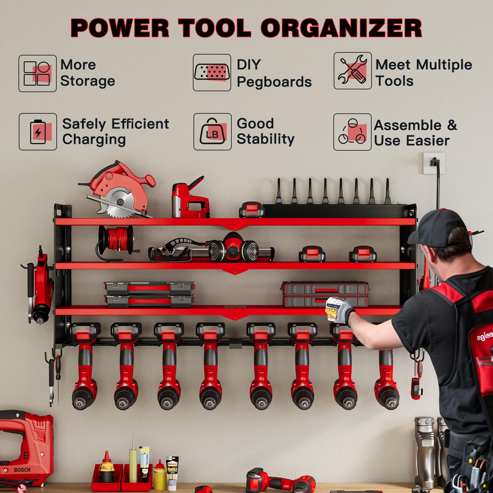 NattyDot Power Tool Organizer Wall Mount with Charging Station,Cordless Tool Organizer 8 Drill Holder, 4 Layer Storage Rack for Garage Organization,Tool Holder with 8 Outlet Power Strip (Red)