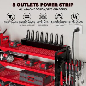 NattyDot Power Tool Organizer Wall Mount with Charging Station,Cordless Tool Organizer 8 Drill Holder, 4 Layer Storage Rack for Garage Organization,Tool Holder with 8 Outlet Power Strip (Red)