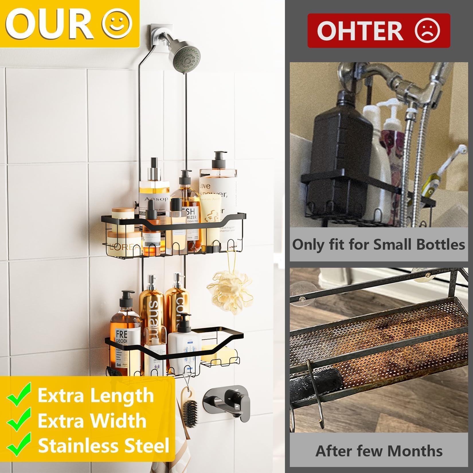 Skyapex Shower Caddy Hanging Shelf: Over Shower Head Adjustable Height Organizer for Tall Bottle No Blocking to Showerhead - Extra Long Rack for Bathroom