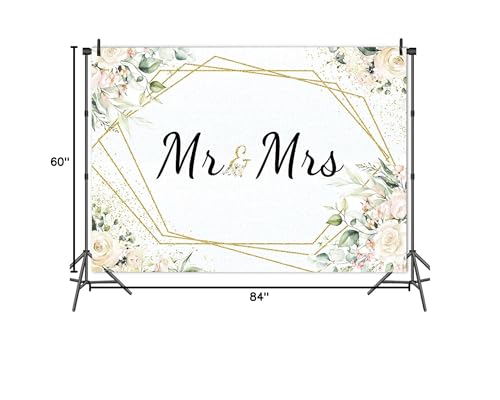 Mr & Mrs White Floral Bridal Shower Backdrop Mr Mrs Wedding Theme Photo Backgrounds 7x5ft Wedding Bride to Be Engagement Photography Backdrops Prom Party Banner Decor Party Banner Photo Booth Prop