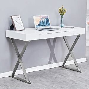 Best Master Furniture Barry Mid-Century High Gloss Home Office Desk with Gold Trim Frame, Silver