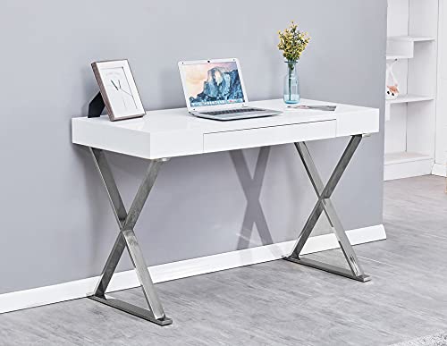 Best Master Furniture Barry Mid-Century High Gloss Home Office Desk with Gold Trim Frame, Silver