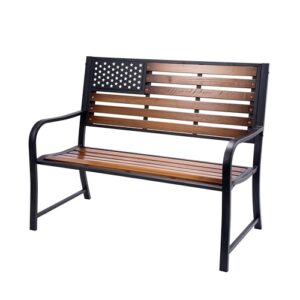 metal american flag patio/porch bench with wooden slats - 46" width, 24" deep seat