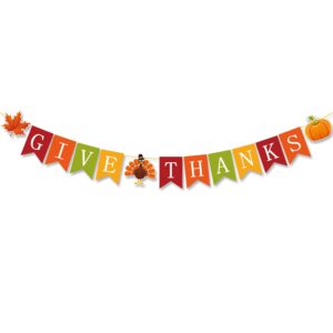 ptfny give thanks banner thanksgiving bunting banner garland with maple leaves turkey and pumpkin signs give thanks banner for fall thanksgiving day party decorations friendsgiving home party supplies