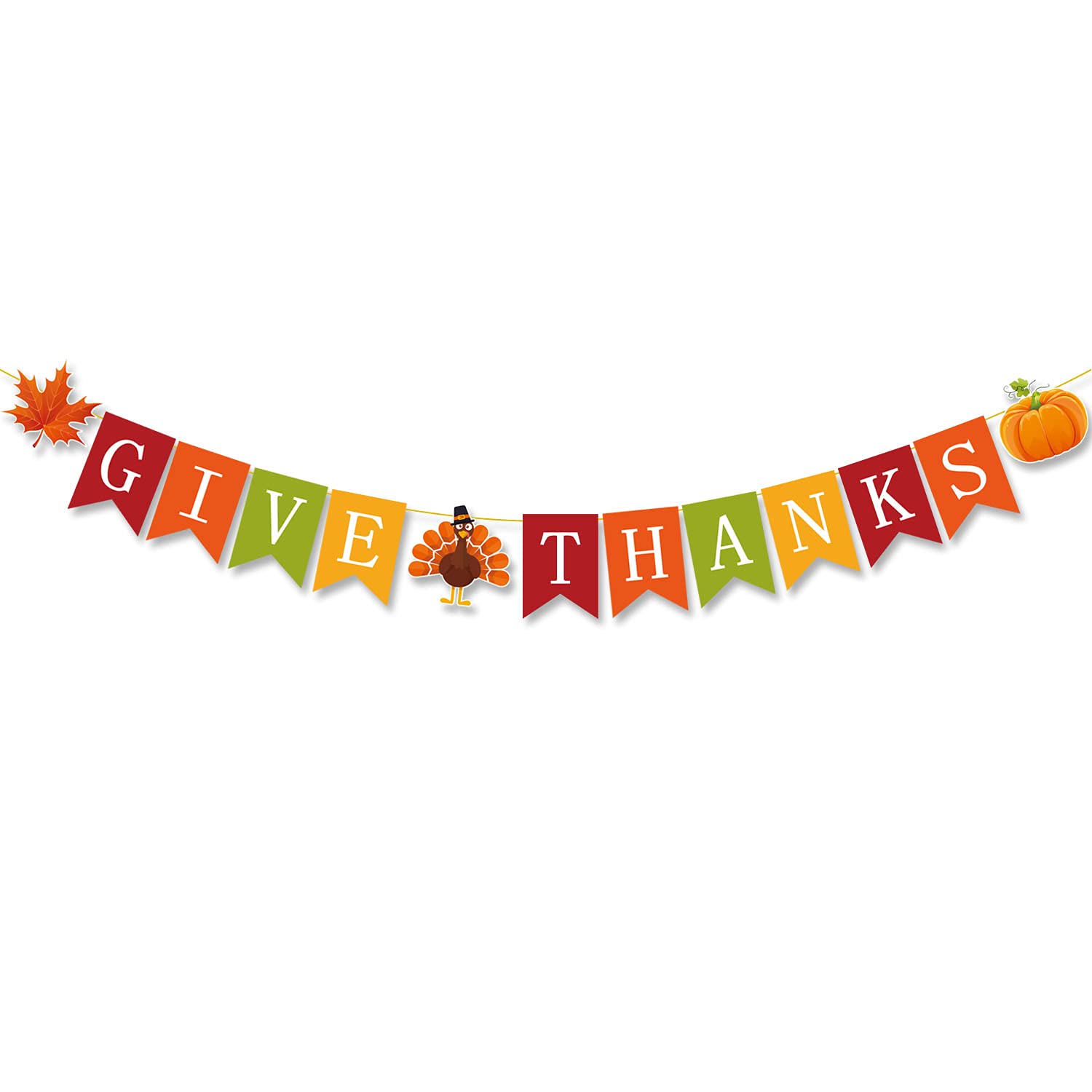 PTFNY Give Thanks Banner Thanksgiving Bunting Banner Garland with Maple Leaves Turkey and Pumpkin Signs Give Thanks Banner for Fall Thanksgiving Day Party Decorations Friendsgiving Home Party Supplies