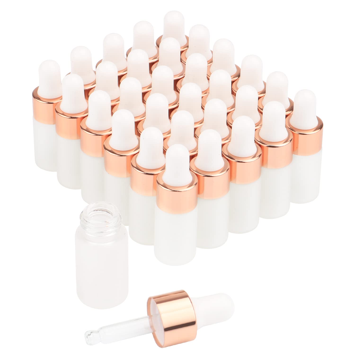 30 Pack Frosted Glass Dropper Bottle,Essential Oil Dropper Bottle Travel Glass Vials Cosmetic Sample Container For Essential Oils,Perfume With Glass Eye Dropper&Rose Gold Lids (3ml)