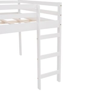 Full Loft Beds with Slide, Low Loft Bed Frame with Ladders Modern Fun Junior Loft Bed for Kids Boys Girls, White