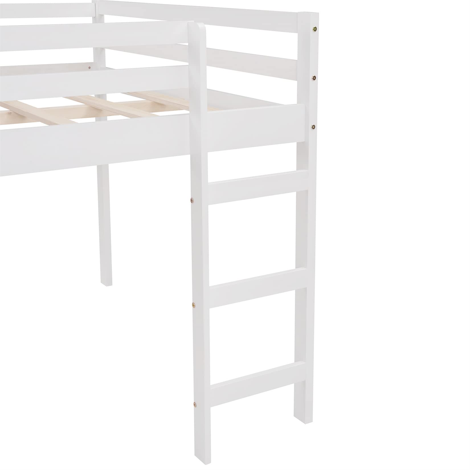 Full Loft Beds with Slide, Low Loft Bed Frame with Ladders Modern Fun Junior Loft Bed for Kids Boys Girls, White