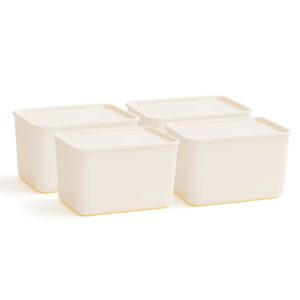 IRIS USA Plastic Basket Bin & Lid, Large, 4-Pack, Stackable Lidded Storage Organizer Bins for-Kitchen-Bathroom and Bedroom, Off White