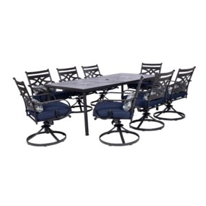 hanover montclair 9-piece outdoor dining set, 8 swivel rocker chairs with comfortable seat and lumbar cushions, 84"x42" stamped rectangle table, all-weather patio dining set for 8 for backyard, patio