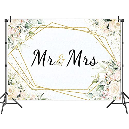 Mr & Mrs White Floral Bridal Shower Backdrop Mr Mrs Wedding Theme Photo Backgrounds 7x5ft Wedding Bride to Be Engagement Photography Backdrops Prom Party Banner Decor Party Banner Photo Booth Prop