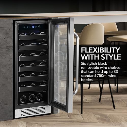 Whynter Stainless Steel BWR-308SB 15 inch Built Undercounter Wine Refrigerator with Reversible Door, Digital Control and Lock, 33-Bottle