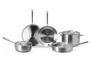 misen 5-ply stainless steel cookware set: 3 qt stainless steel saucier with lid, 3 qt saute pan with lid & 10" frying pan - excellent searing, sauteing & everyday cooking 9-piece set